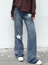 Retro Printed Stitching High-waisted Jeans