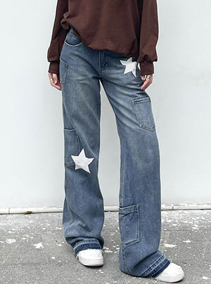 Retro Printed Stitching High-waisted Jeans