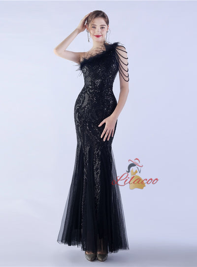 Mermaid Sequins One Shoulder Beading Prom Dress