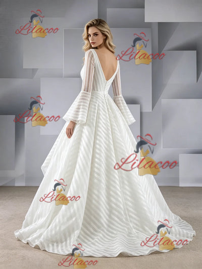 White Long Sleeve Square Neck Wedding Dress