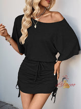 Pleated Bat Sleeve Solid Color Dress