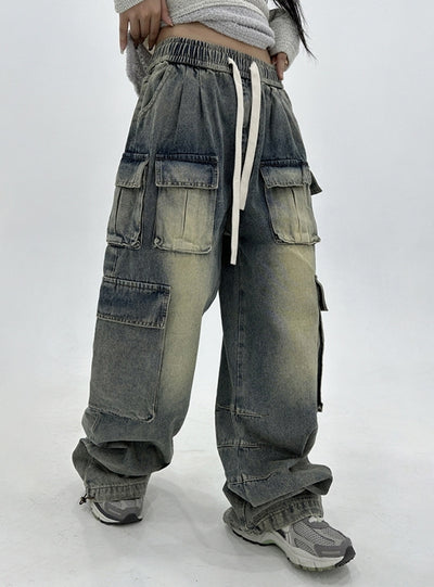 Elastic Waist Drawstring Straight Loose Jeans