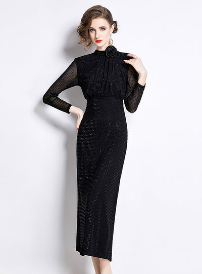 Three-dimensional Flower Slim Sequined Gauze Dress