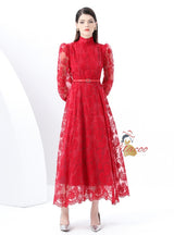 Embroidered Lantern Sleeves Lace Dress