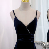 Navy Blue Mermaid Velvet Beading Prom Dress