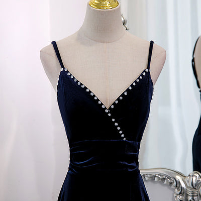 Navy Blue Mermaid Velvet Beading Prom Dress