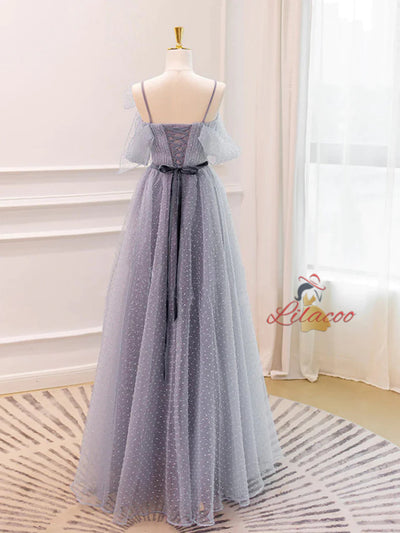 Gray Tulle Spaghetti Straps Pleats Prom Dress