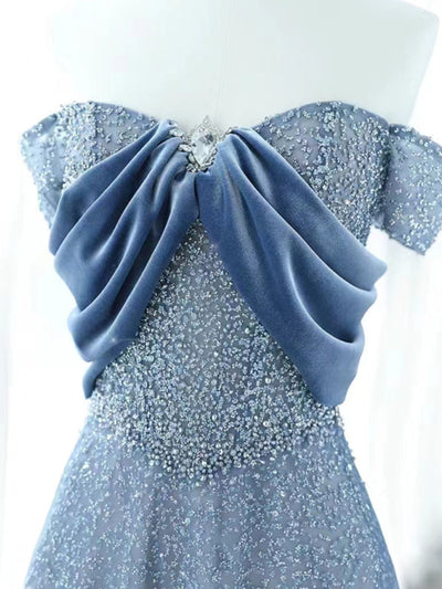 Blue Tulle Sequins Off the Shoulder Pleats Prom Dress