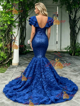 Blue Mermaid Sequins V-neck Prom Dress