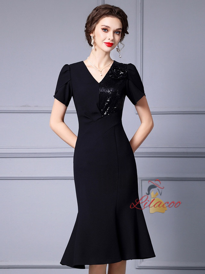 Black Sequins Short Sleeve Mother Of The Bride Dress