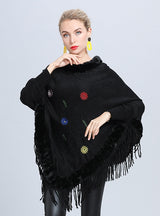 Warm Flower Embroidered Fringed Fur Collar Shawl