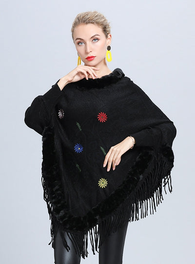 Warm Flower Embroidered Fringed Fur Collar Shawl