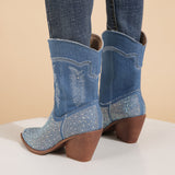 Diamond Pointed Thick Heel Blue Boots