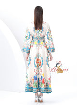 Palace Wind Horn Sleeve Button Printed Dress