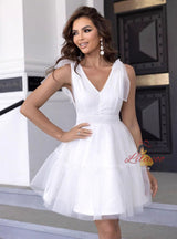 White Mesh V-neck Short Dress