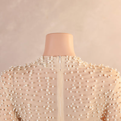 Champagne White Short Sleeve Pearls Prom Dress