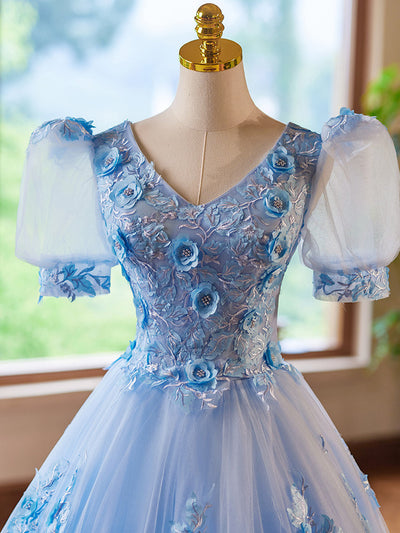 Blue Tulle V-neck Puff Sleeve 3D Flower Prom Dress