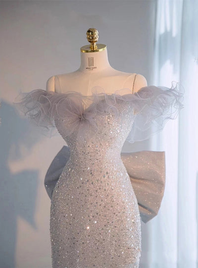 Gray Mermaid Sequins Bow Prom Dress
