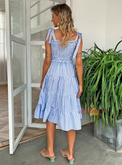Women Stripe Strap Pleated Dress