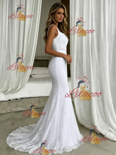 White Mermaid Lace Straps Wedding Dress