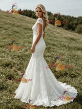 White Mermaid Lace V-neck Cap Sleeve Wedding Dress