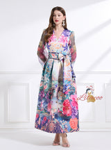 Palace Retro V-neck Lantern Sleeve Printed Dress