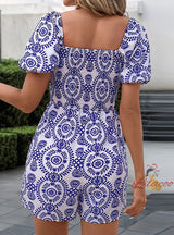 Bubble Sleeve National Style Printed Jumpsuit