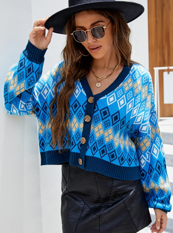 Retro Diamond Long Sleeve Knitted Coat