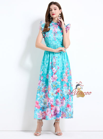 Printed Silm Waist Ruffled Dress