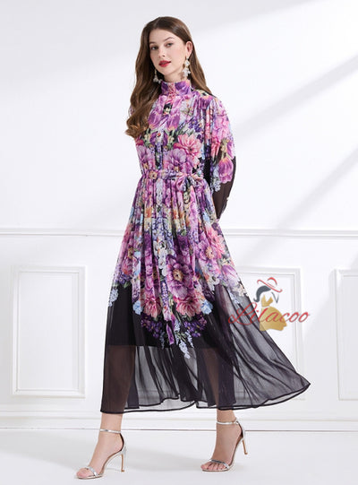 Vertical Collar Flower Print Dress