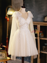White Tulle Lace V-neck Homecoming Dress