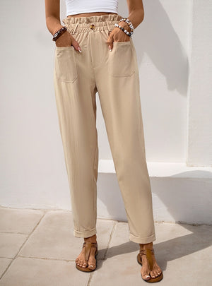 Pocket Elastic Waist Straight Casual Pants