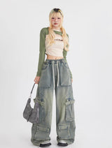 Overalls Loose Straight Mop Multi-pocket Pant