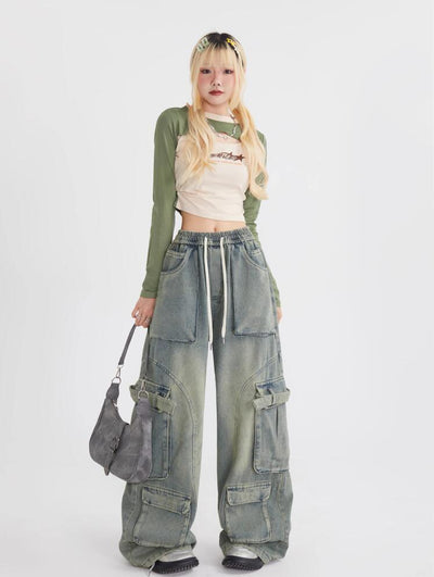 Overalls Loose Straight Mop Multi-pocket Pant