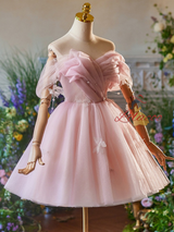 Pink Tulle Off the Shoulder Pleats Homecoming Dress