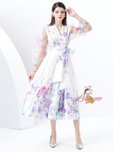 Lantern Sleeves Elegant Swing Print Dress