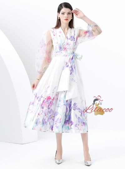 Lantern Sleeves Elegant Swing Print Dress