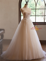 Champagne Tulle Pleats Straps Wedding Dress