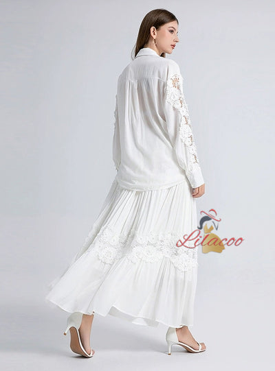 Lace Openwork Shirt+Skirt Two-piece Suit