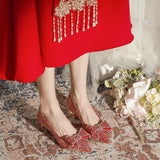 Red Sequins Bow Pointed Wedding Shoes