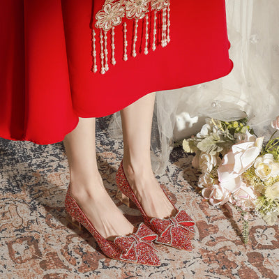 Red Sequins Bow Pointed Wedding Shoes