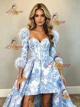 Long Sleeve Print Hi Lo Prom Dress