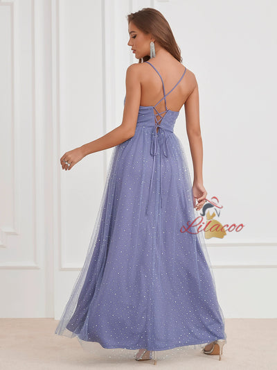 Purple Tulle Spaghetti Straps Split Party Dress