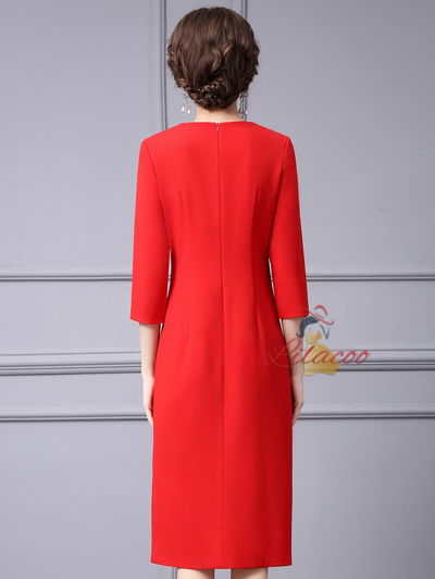 Red 3/4 Sleeve Scoop Neck Beading Mother Of The Bride Dress