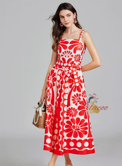 Retro Printed Sling Slim Dress