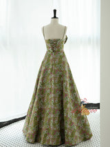 Green Print Spaghetti Straps Prom Dress