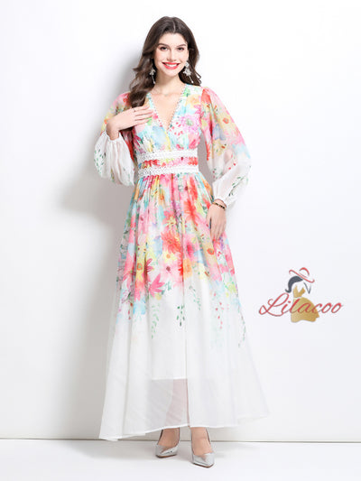 Flower Oil Painting Lace Stitching V-neck Dress
