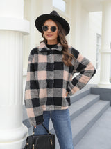 Button Padded Warm Lapel Plaid Plush Coat