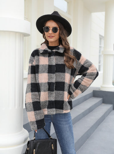Button Padded Warm Lapel Plaid Plush Coat