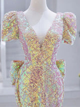 Pink Mermaid V-neck Short Sleeve Prom Dress